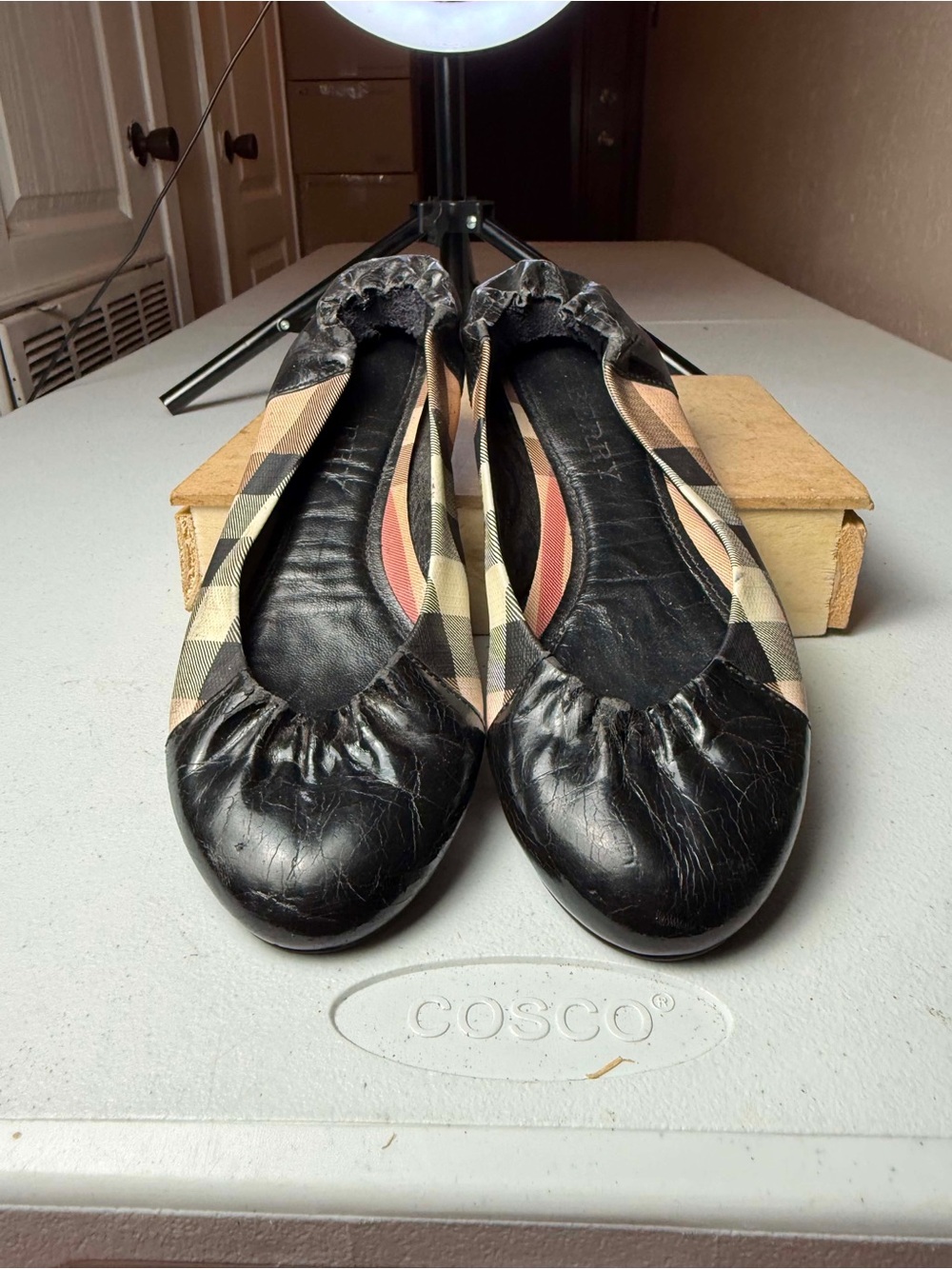 Burberry London Classic Tan Tartan Novacheck Black Cap Toe Ballet Flat Sz 39 / 9 - Picture 12 of 15
